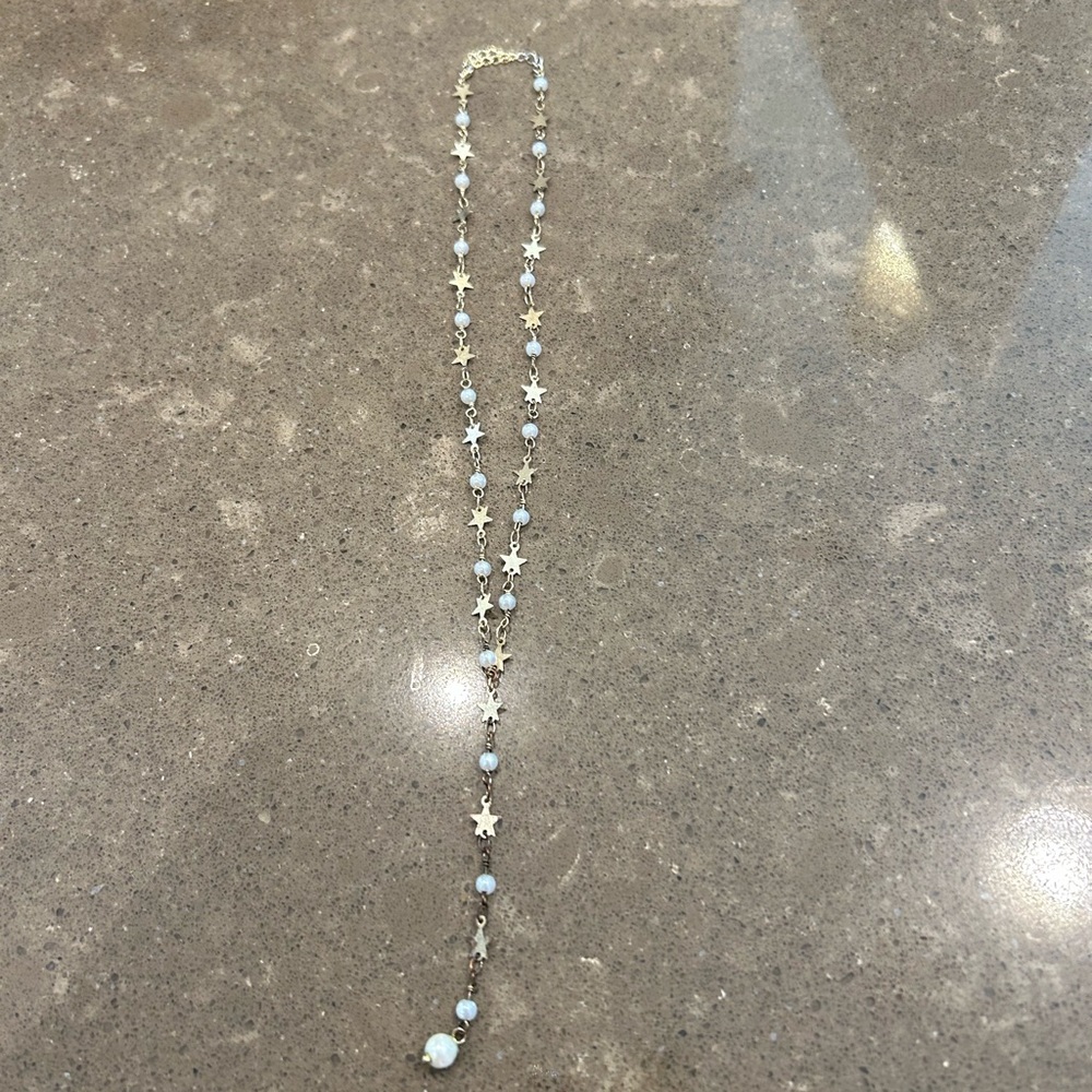 Fantasy necklace with metallic stars and pearls, stargirl style rosary necklace